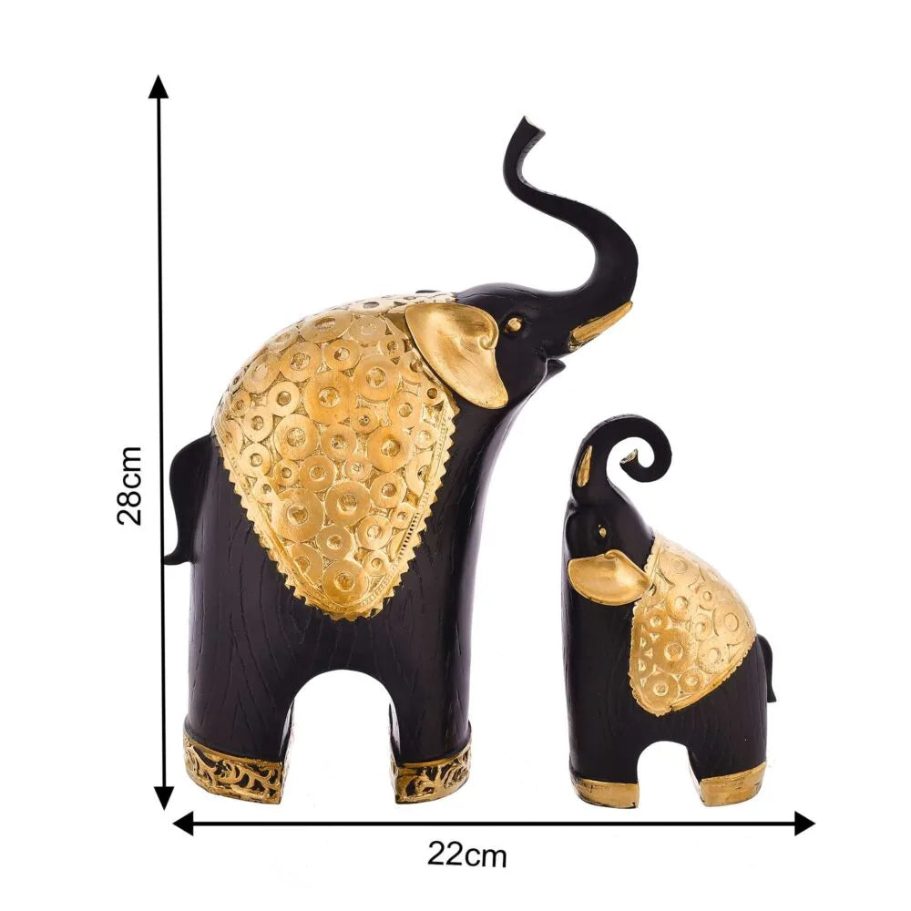 Decorative Elephant Showpiece Set – Wooden Finish with Gold  Detailing for Home & Office
