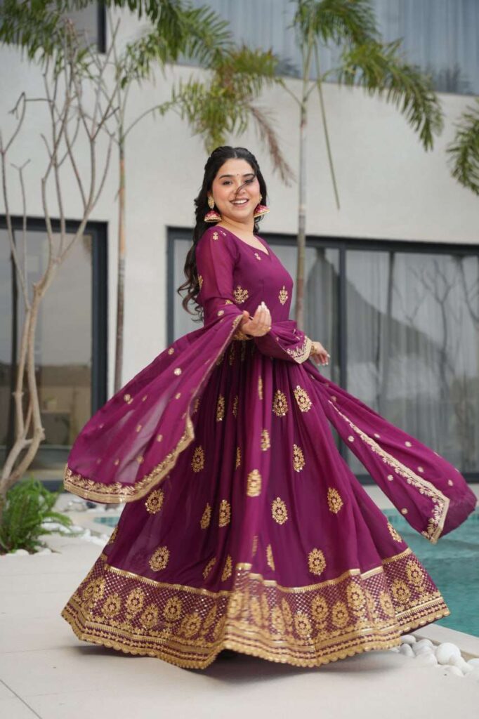 Women’s Ethnic Anarkali Style Floor-Length Gown in Magenta with Golden Zari Embroidery – Festive & Wedding Wear