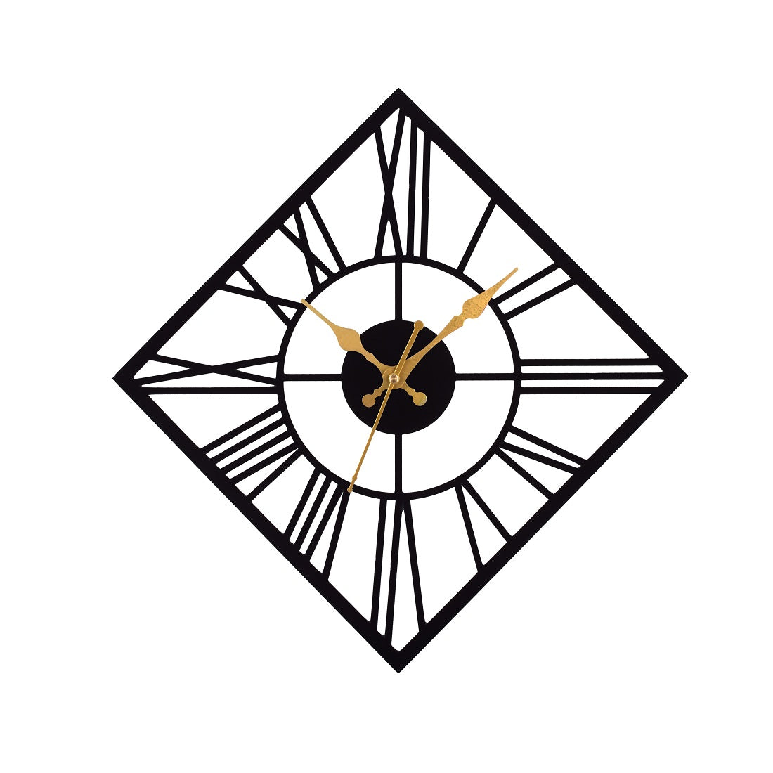Roman Numeral Wall Clock 37 CM – Black & Gold Diamond Shape Designer Clock for Home, Living Room & Office