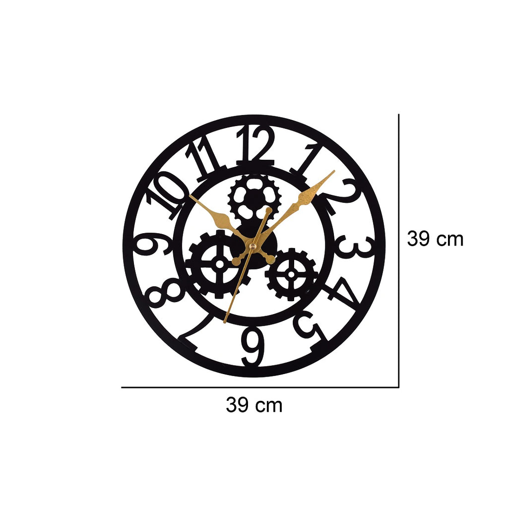 Gear Design Wall Clock 39 CM – Modern Black & Gold Decorative Wall Clock for Home, Living Room & Office