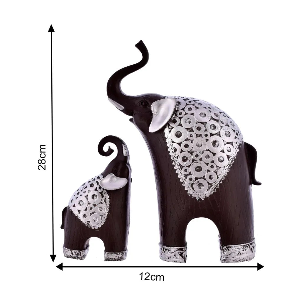 Decorative Elephant Showpiece Set – Wooden Finish with Silver Detailing for Home & Office