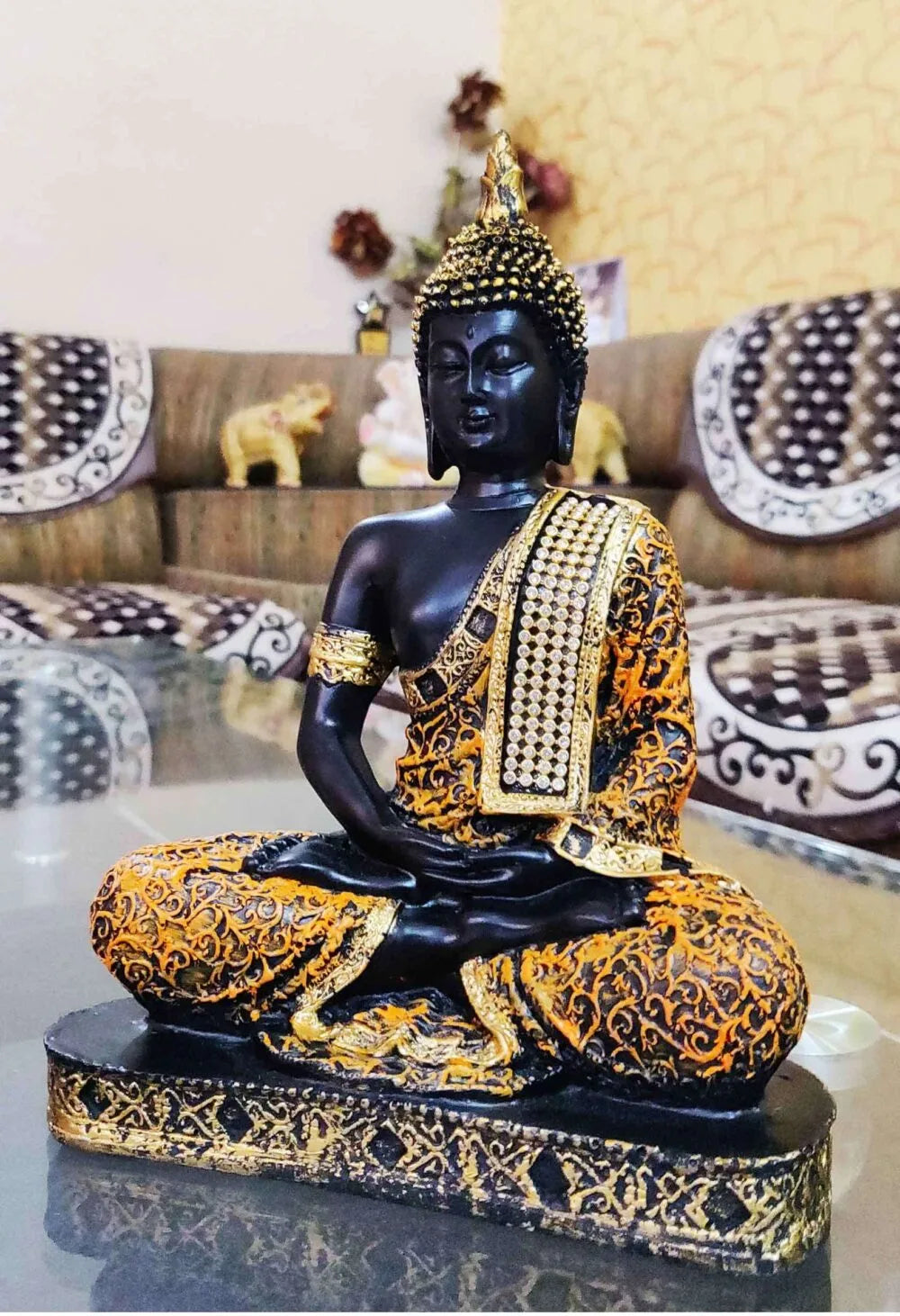 Black & Gold Meditating Buddha Idol – Resin Home Decor Showpiece for Pooja Room, Meditation Corner & Diwali Gift