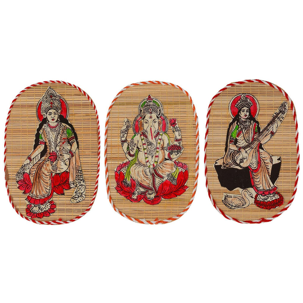 Lakshmi Ganesh Saraswati Bamboo Wall Hanging Set – Hand-Painted Folk Art Decor
