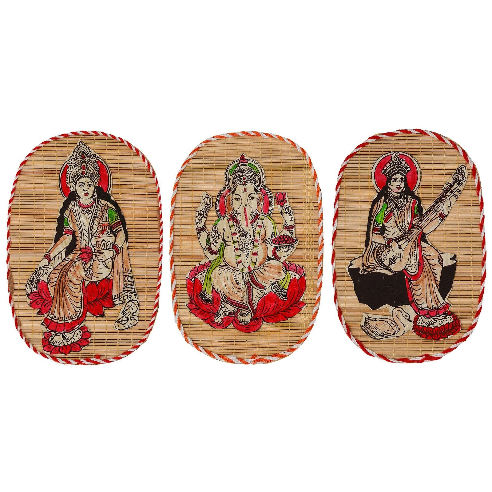 Lakshmi Ganesh Saraswati Bamboo Wall Hanging Set – Hand-Painted Folk Art Decor