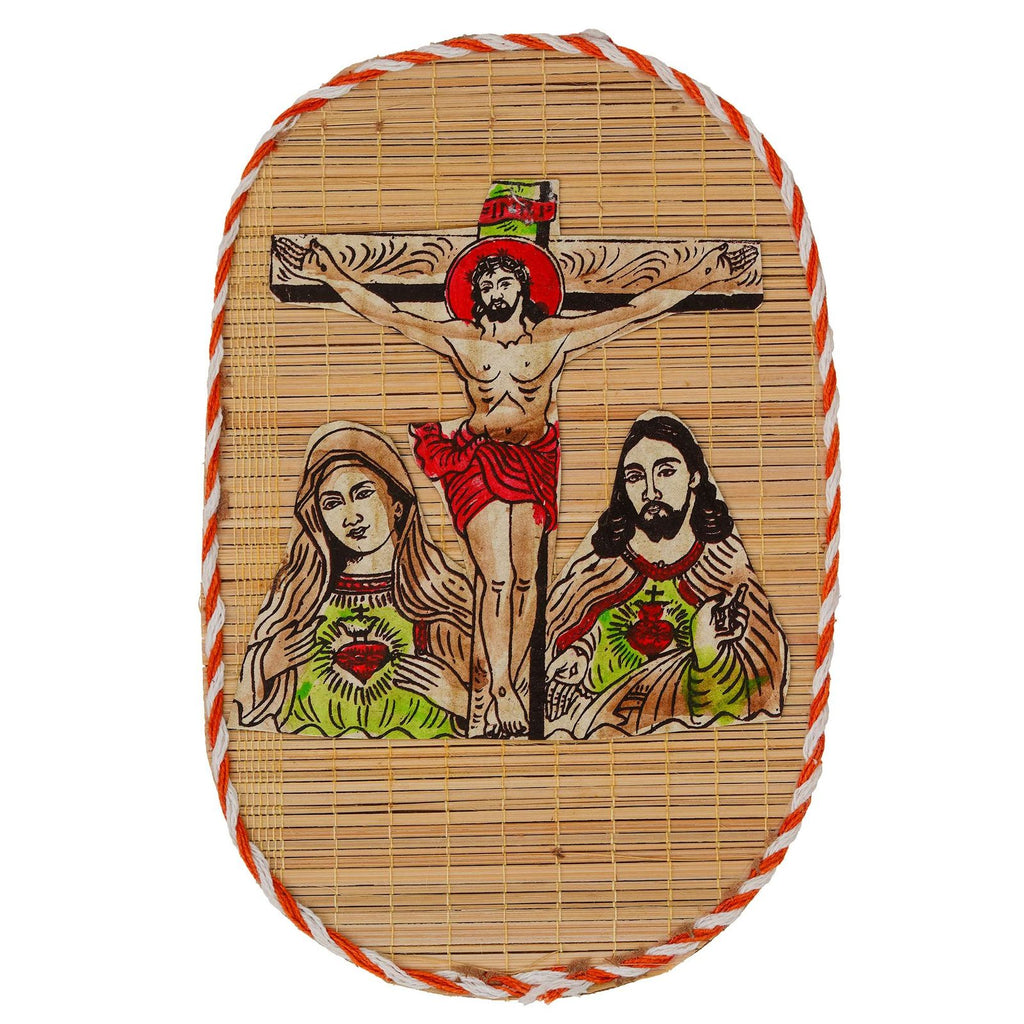 Hand-Painted Crucifix Bamboo Wall Hanging – Jesus, Mary & Sacred Heart Decor