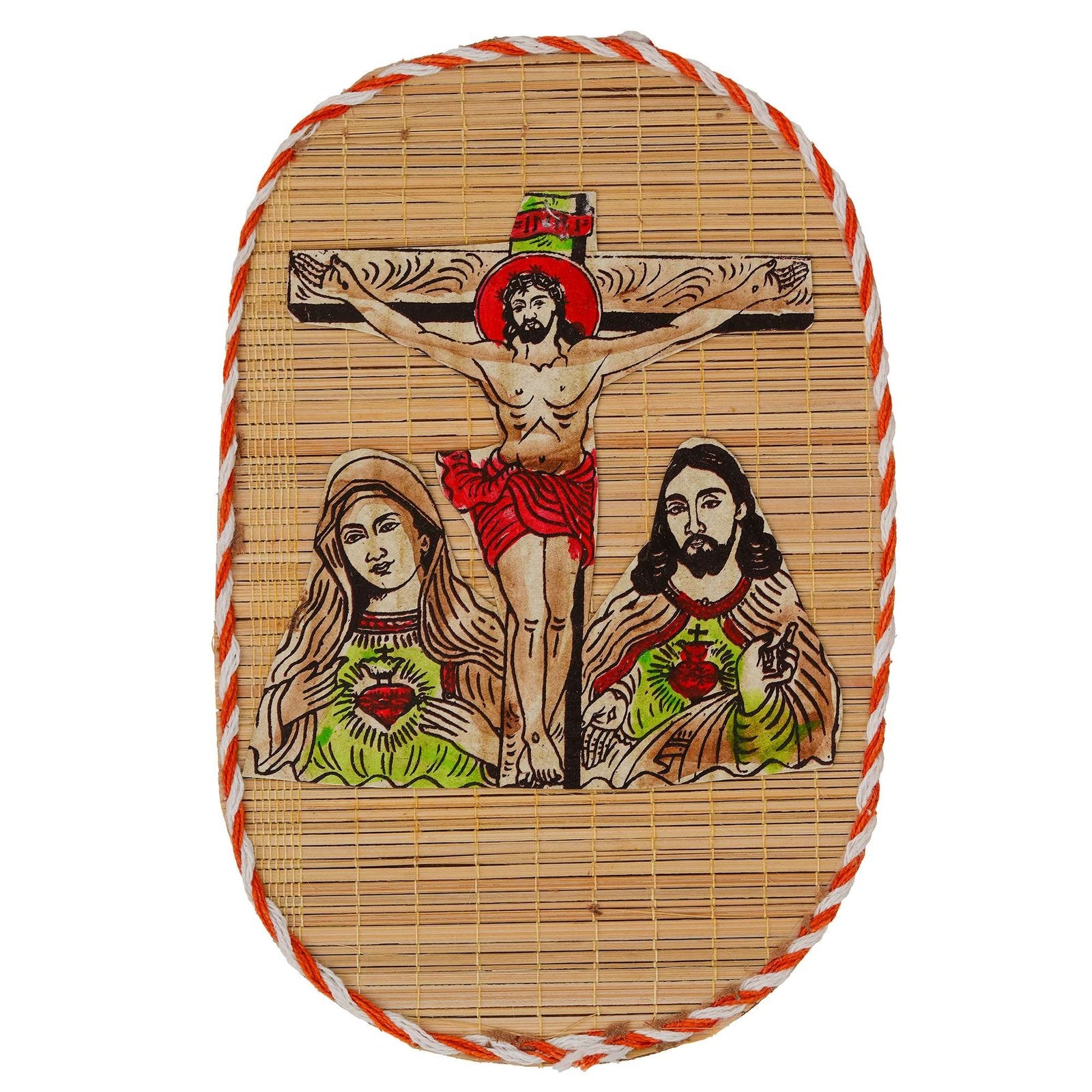 Hand-Painted Crucifix Bamboo Wall Hanging – Jesus, Mary & Sacred Heart Decor