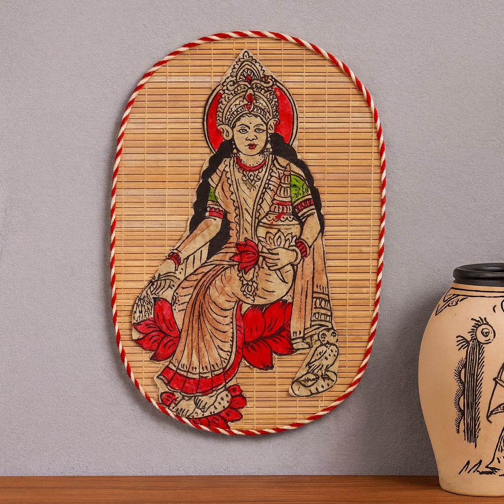 Hand-Painted Bamboo Wall Hanging – Goddess Lakshmi Folk Art Decor