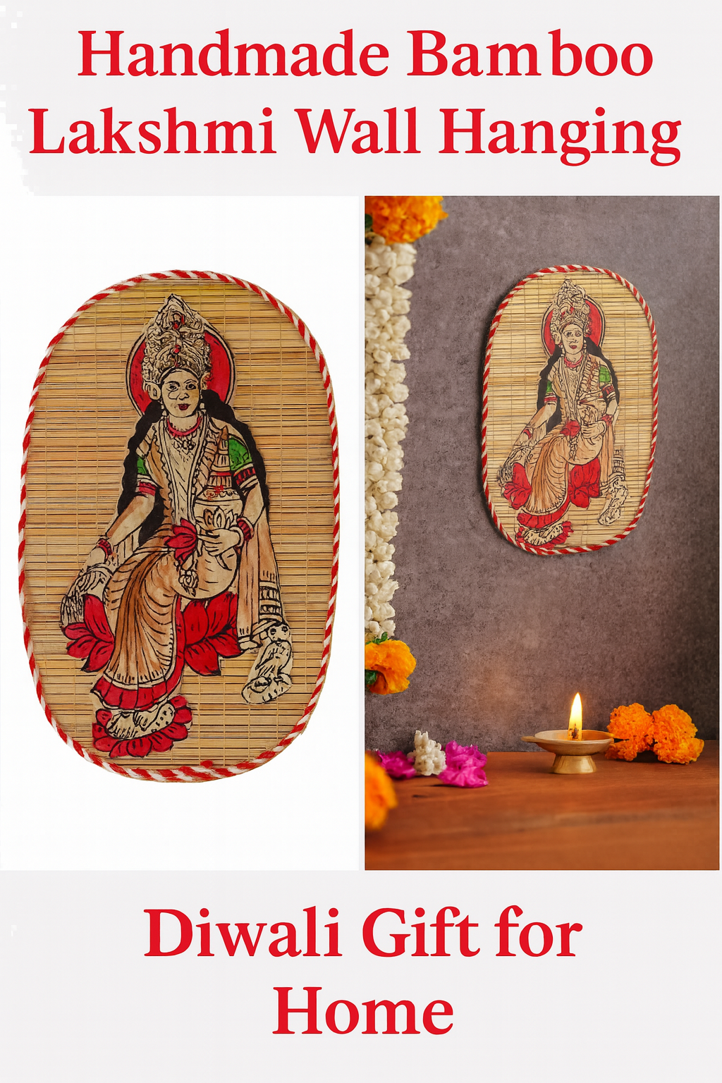 Hand-Painted Bamboo Wall Hanging – Goddess Lakshmi Folk Art Decor