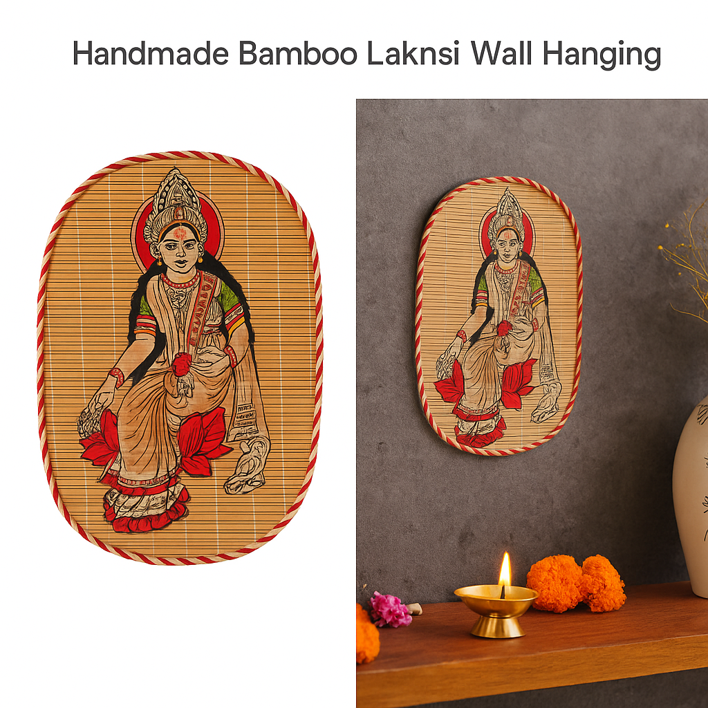 Hand-Painted Bamboo Wall Hanging – Goddess Lakshmi Folk Art Decor
