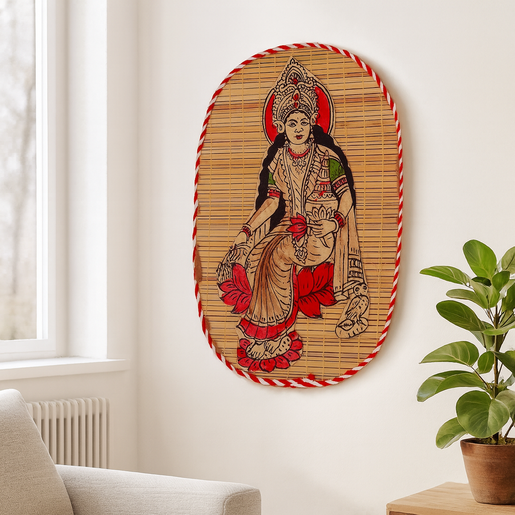 Hand-Painted Bamboo Wall Hanging – Goddess Lakshmi Folk Art Decor