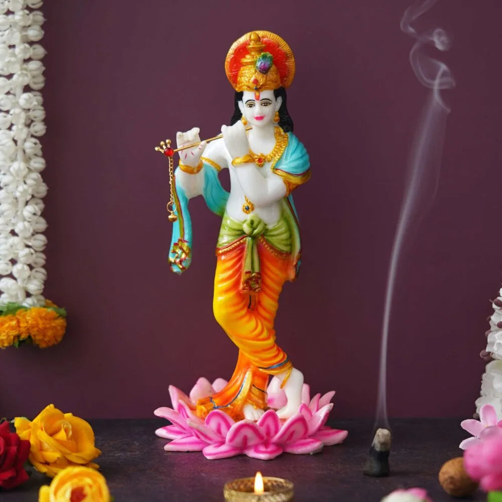 Lord Krishna Idol – 11.25 Inch Murti Playing Flute on Lotus for Home Temple & Puja