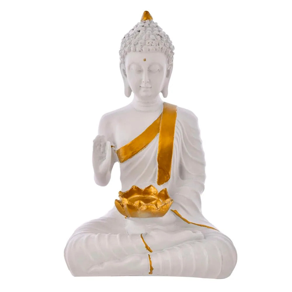 White & Gold Meditating Buddha Idol – Resin Home Decor Showpiece for Pooja Room, Meditation Space, and Diwali Gift