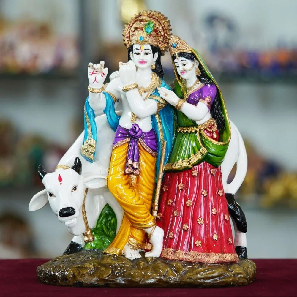 Radha Krishna Idol with Cow – Divine Murti for Home Temple, Puja & Festive Décor