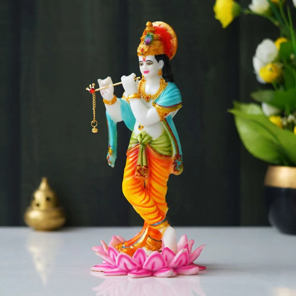 Lord Krishna Idol – 11.25 Inch Murti Playing Flute on Lotus for Home Temple & Puja