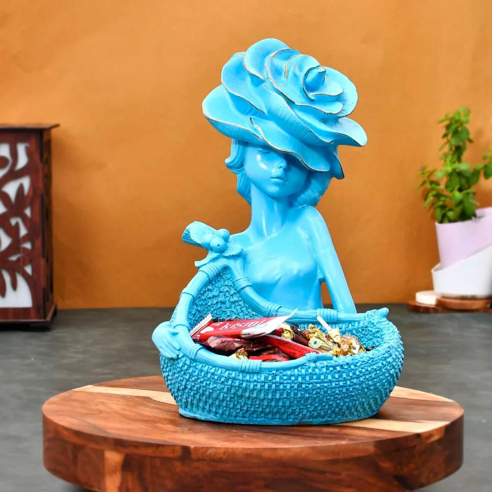 Blue Girl with Flower Hat Decorative Basket – Resin Home Decor Showpiece & Table Centerpiece Gift