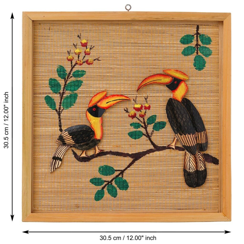 Hand-Painted Hornbill Bamboo Wall Art – Framed Bird Wall Decor (12x12 in)