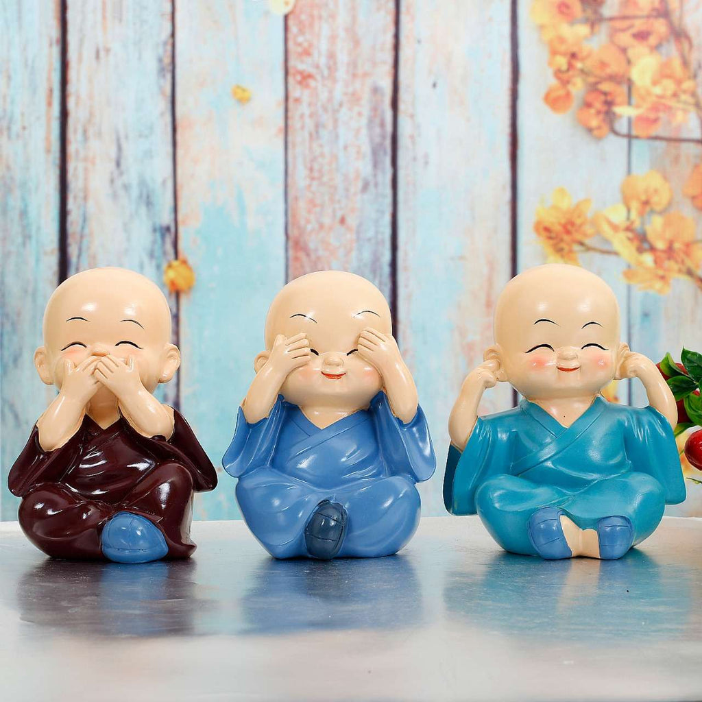 Set of 3 Laughing Monk Figurines – See No Evil, Hear No Evil, Speak No Evil – Feng Shui & Diwali Home Décor Gift