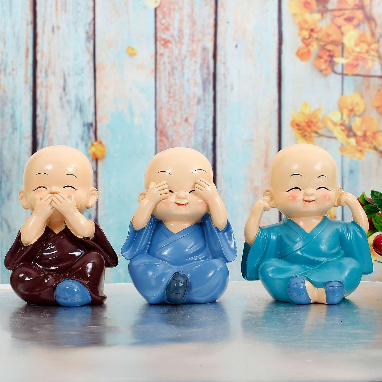 Set of 3 Laughing Monk Figurines – See No Evil, Hear No Evil, Speak No Evil – Feng Shui & Diwali Home Décor Gift