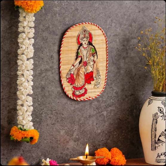 Hand-Painted Bamboo Wall Hanging – Goddess Lakshmi Folk Art Decor