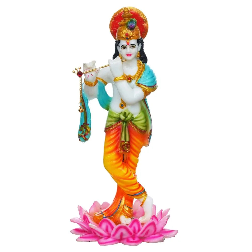 Lord Krishna Idol – 11.25 Inch Murti Playing Flute on Lotus for Home Temple & Puja