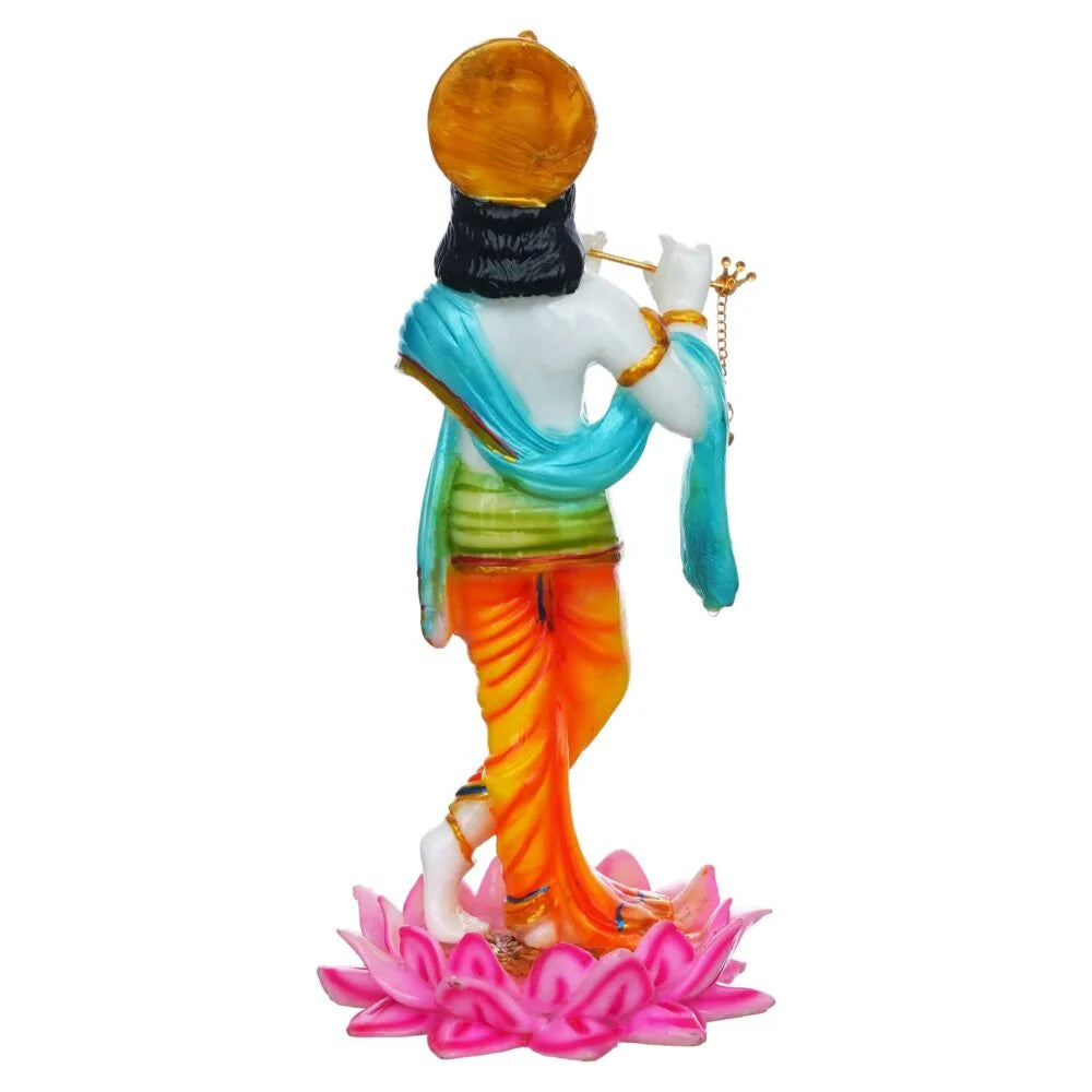 Lord Krishna Idol – 11.25 Inch Murti Playing Flute on Lotus for Home Temple & Puja