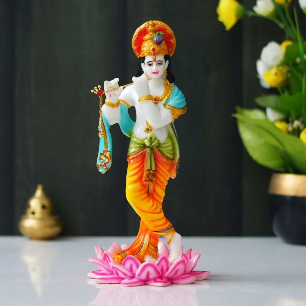 Lord Krishna Idol – 11.25 Inch Murti Playing Flute on Lotus for Home Temple & Puja
