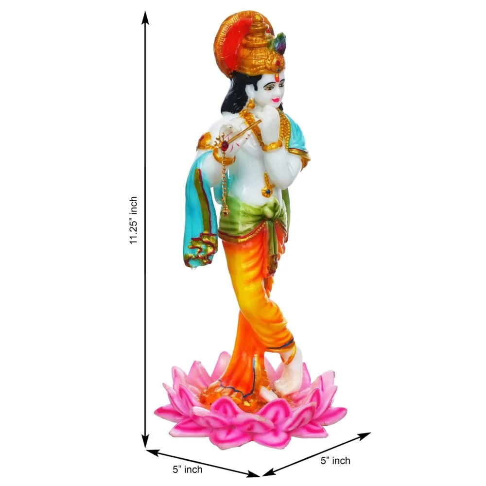 Lord Krishna Idol – 11.25 Inch Murti Playing Flute on Lotus for Home Temple & Puja