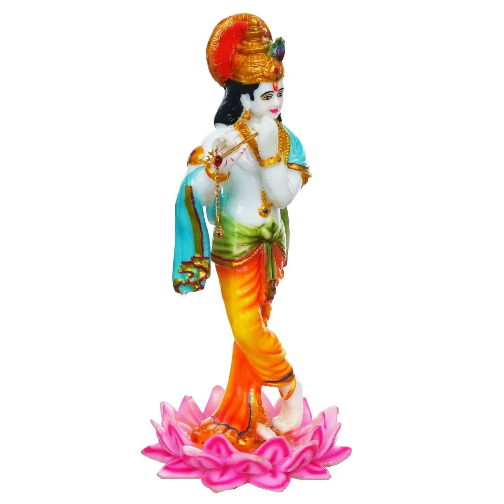 Lord Krishna Idol – 11.25 Inch Murti Playing Flute on Lotus for Home Temple & Puja