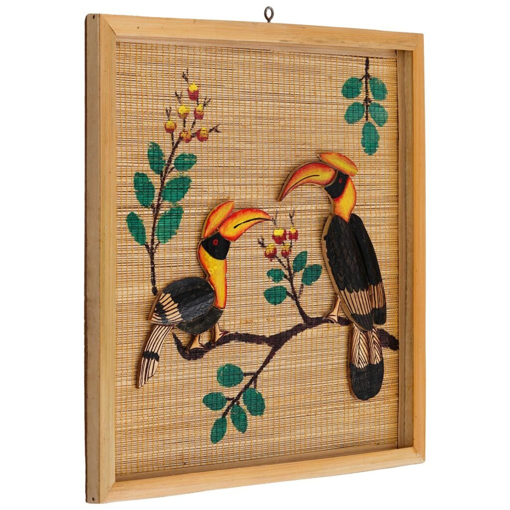 Hand-Painted Hornbill Bamboo Wall Art – Framed Bird Wall Decor (12x12 in)
