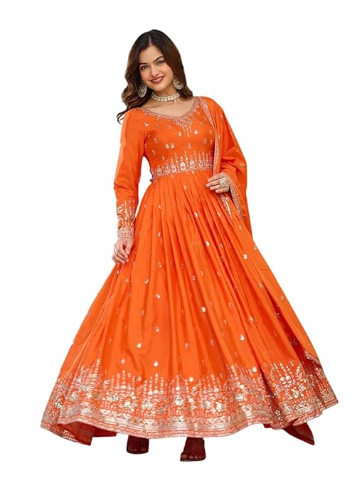 Women's American Silk Sequence Embroidery Long Anarkali Kurti (Gown) with Dupatta