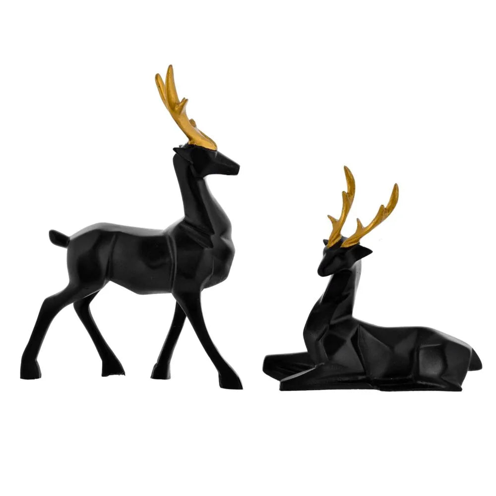 Set of 2 Black & Gold Deer Showpieces – Resin Home Décor Statue for Table Centerpiece and Living Room Decoration