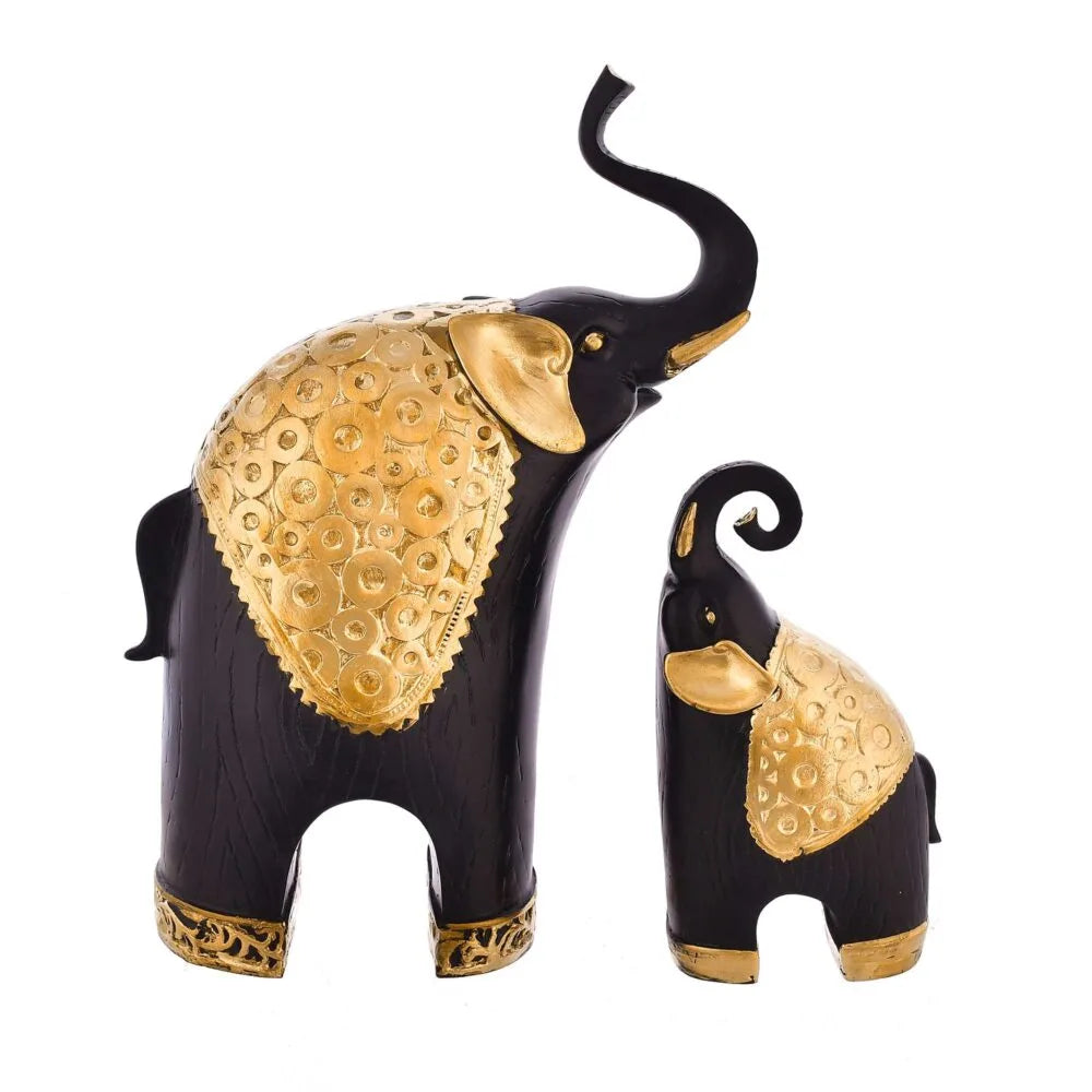 Decorative Elephant Showpiece Set – Wooden Finish with Gold  Detailing for Home & Office
