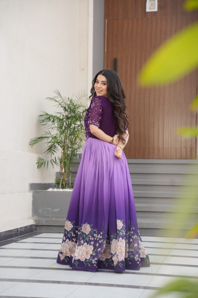 Women’s Elegant Teal & Aqua Ombre Gown with Floral Printed Flair & Embellished Bodice – Perfect for Summer Festivities & Parties