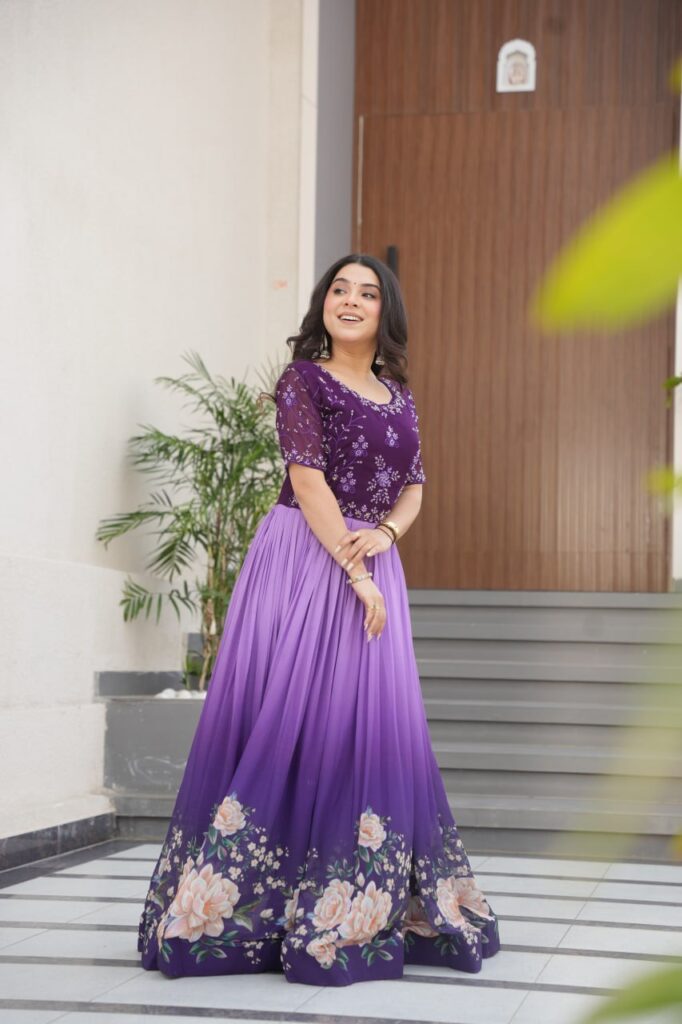 Women’s Elegant Teal & Aqua Ombre Gown with Floral Printed Flair & Embellished Bodice – Perfect for Summer Festivities & Parties