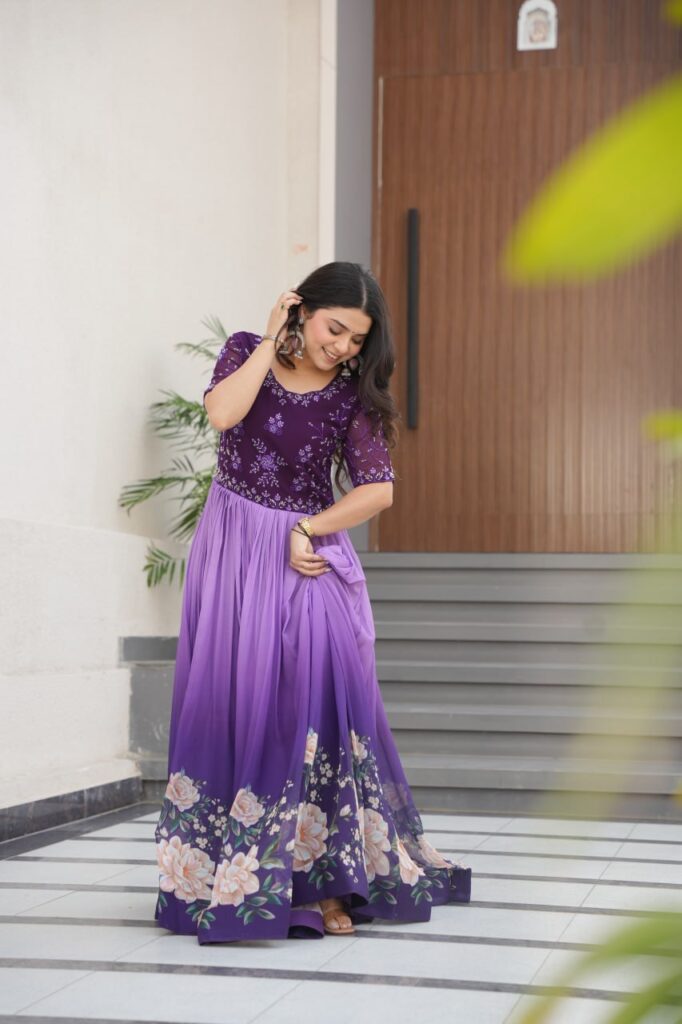 Women’s Elegant Teal & Aqua Ombre Gown with Floral Printed Flair & Embellished Bodice – Perfect for Summer Festivities & Parties