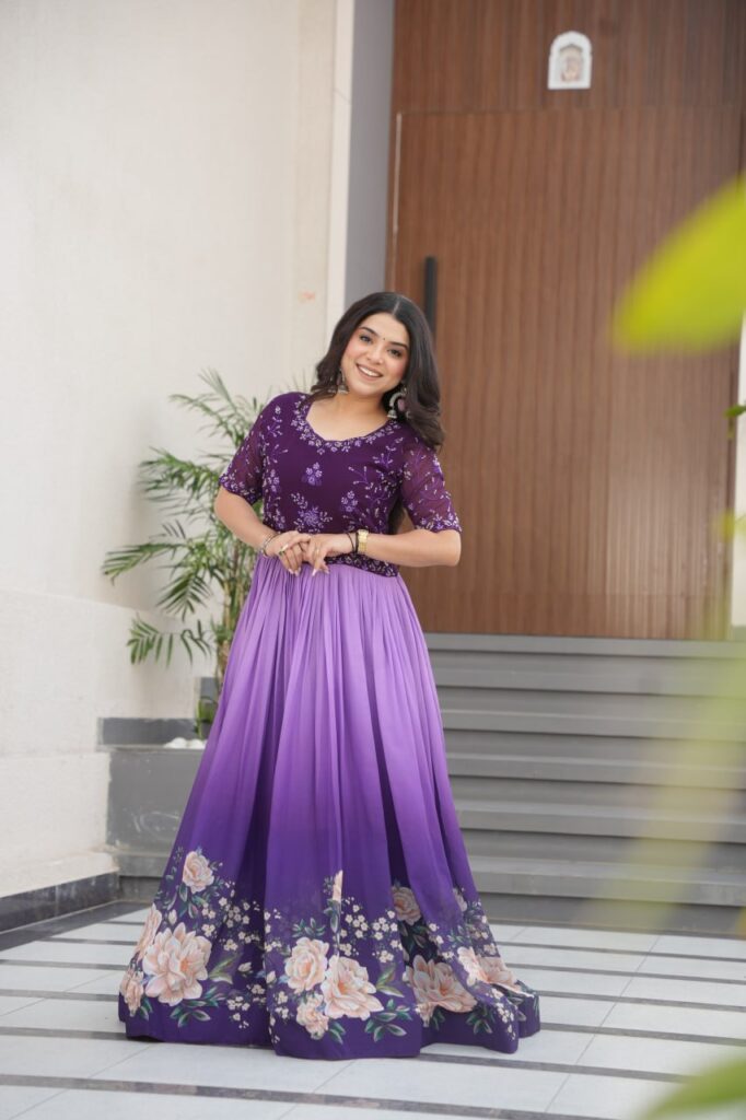 Women’s Elegant Teal & Aqua Ombre Gown with Floral Printed Flair & Embellished Bodice – Perfect for Summer Festivities & Parties