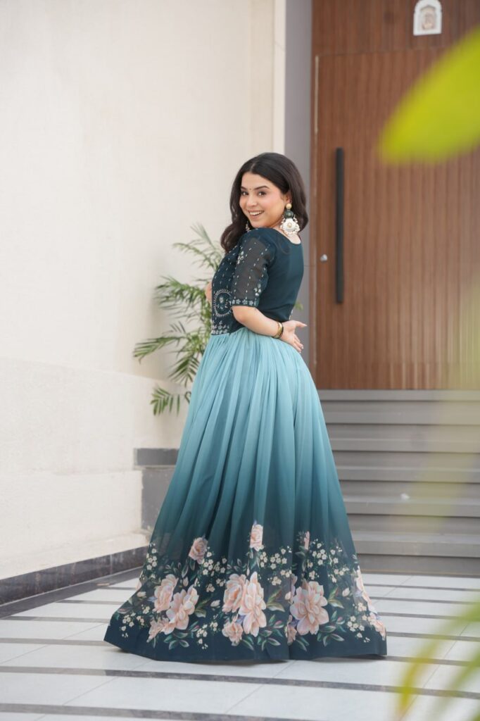 Women’s Elegant Teal & Aqua Ombre Gown with Floral Printed Flair & Embellished Bodice – Perfect for Summer Festivities & Parties
