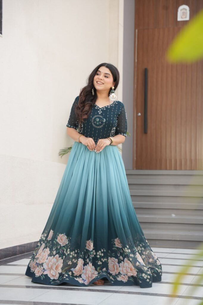 Women’s Elegant Teal & Aqua Ombre Gown with Floral Printed Flair & Embellished Bodice – Perfect for Summer Festivities & Parties