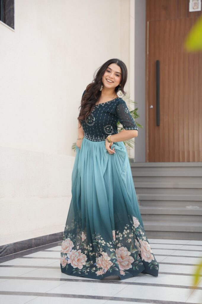 Women’s Elegant Teal & Aqua Ombre Gown with Floral Printed Flair & Embellished Bodice – Perfect for Summer Festivities & Parties