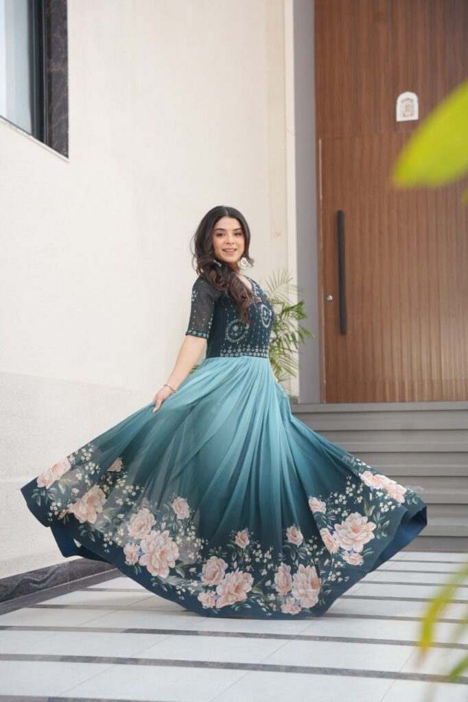 Women’s Elegant Teal & Aqua Ombre Gown with Floral Printed Flair & Embellished Bodice – Perfect for Summer Festivities & Parties