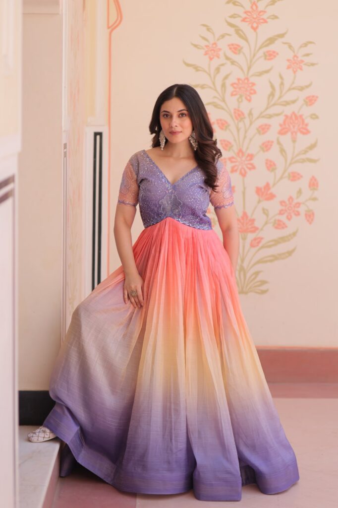 Women’s Dual-Tone Ombre Gown in Candy Pink & Aqua Green with Embroidered Bodice – Festive & Contemporary Wear