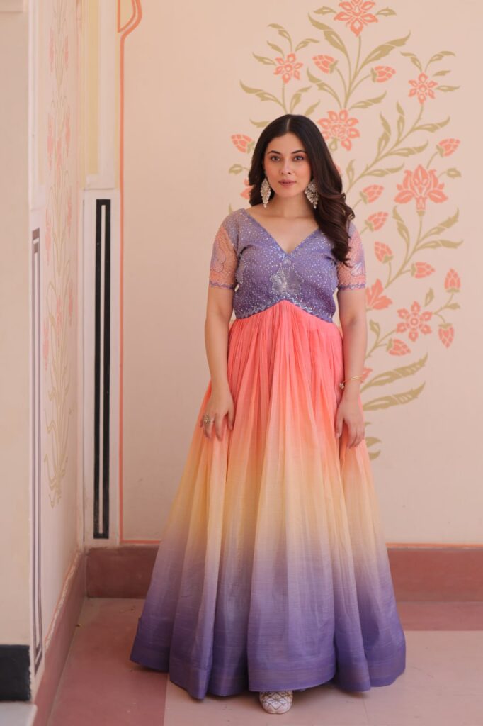 Women’s Dual-Tone Ombre Gown in Candy Pink & Aqua Green with Embroidered Bodice – Festive & Contemporary Wear
