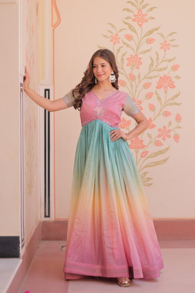 Women’s Dual-Tone Ombre Gown in Candy Pink & Aqua Green with Embroidered Bodice – Festive & Contemporary Wear