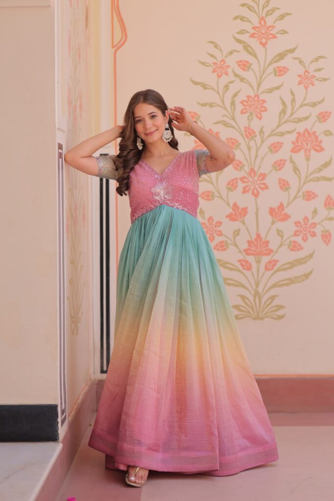 Women’s Dual-Tone Ombre Gown in Candy Pink & Aqua Green with Embroidered Bodice – Festive & Contemporary Wear