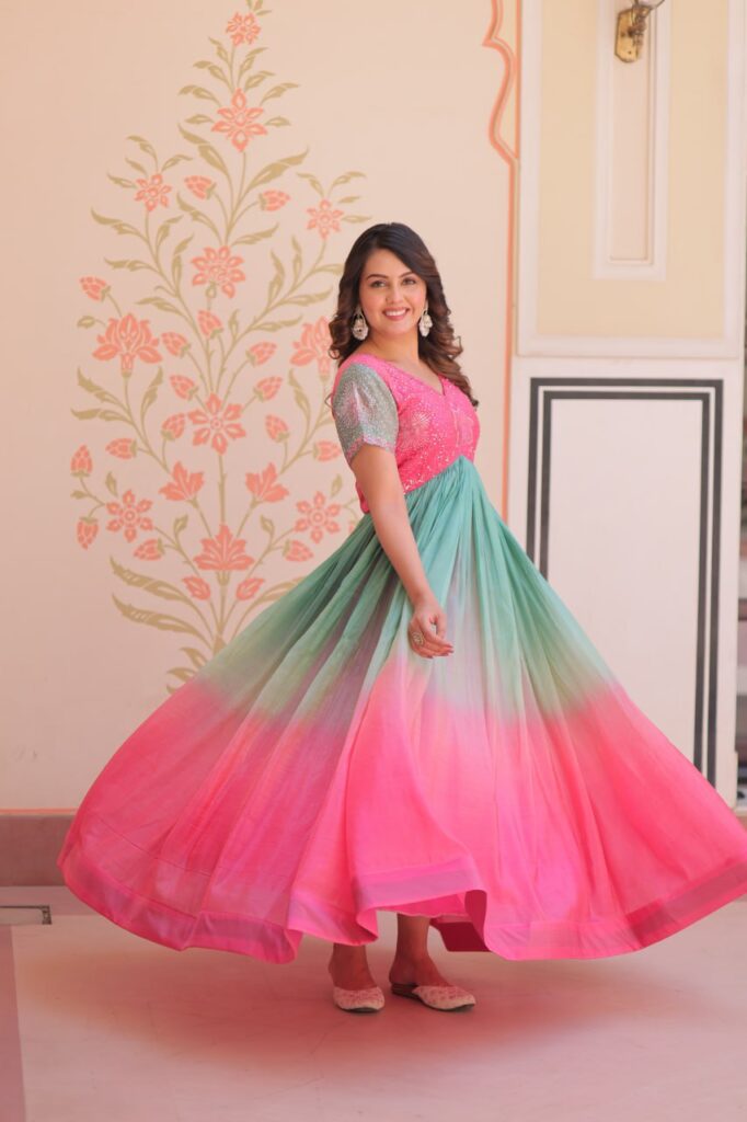 Women’s Dual-Tone Ombre Gown in Candy Pink & Aqua Green with Embroidered Bodice – Festive & Contemporary Wear
