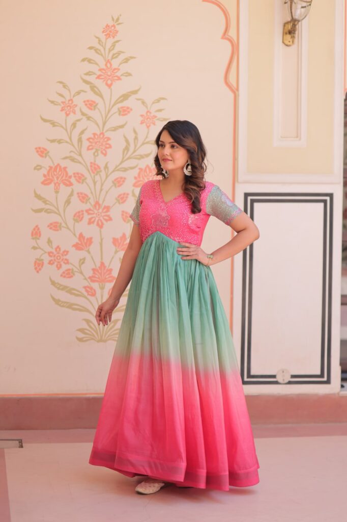 Women’s Dual-Tone Ombre Gown in Candy Pink & Aqua Green with Embroidered Bodice – Festive & Contemporary Wear