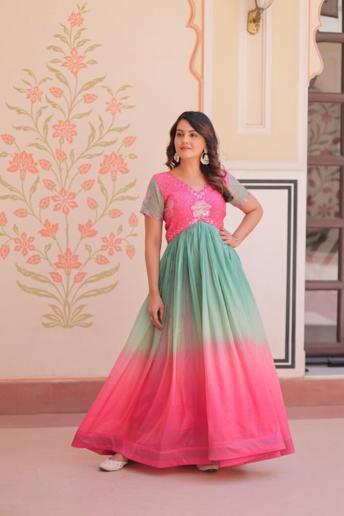 Women’s Dual-Tone Ombre Gown in Candy Pink & Aqua Green with Embroidered Bodice – Festive & Contemporary Wear