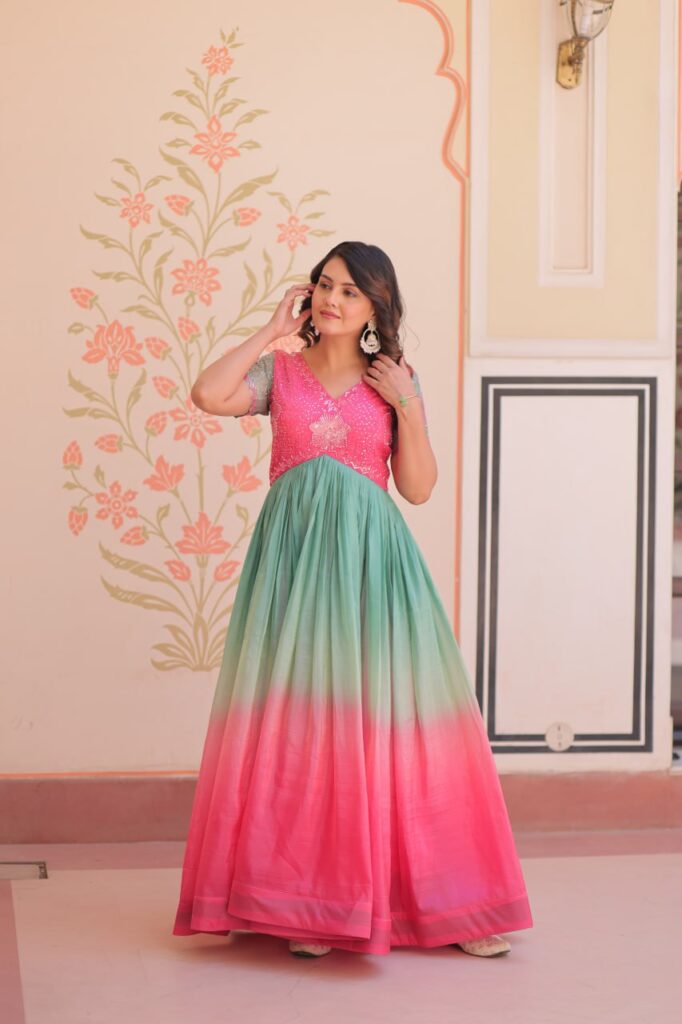 Women’s Dual-Tone Ombre Gown in Candy Pink & Aqua Green with Embroidered Bodice – Festive & Contemporary Wear