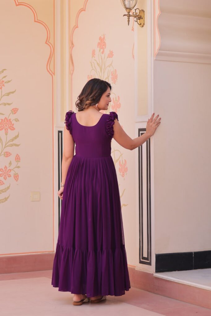 Women’s Elegant Plum Purple Georgette Anarkali Gown with Butterfly Applique & Ruffle Sleeves – Festive & Special Occasion Wear