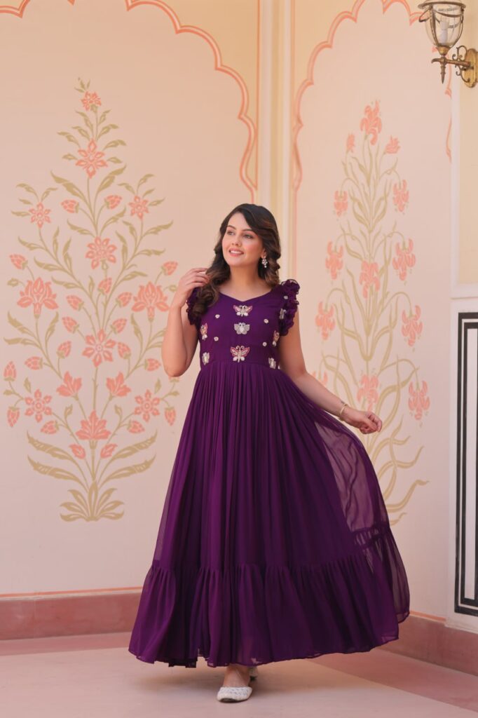 Women’s Elegant Plum Purple Georgette Anarkali Gown with Butterfly Applique & Ruffle Sleeves – Festive & Special Occasion Wear
